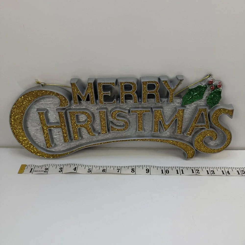 Vintage 1980's Plastic Merry Christmas Silver and‎ Gold Hanging Sign 14 1/2